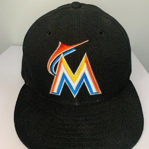 Miami Florida Marlins Hat MLB New Era 59 Fifty Size 7 5/8 BLACK Fitted Hat Cap